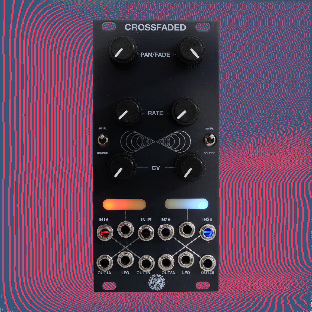 A black modular electronic control panel labeled CROSSFADED, with rotary knobs, toggle switches, and multiple audio jacks, centered against a pink and blue wavy patterned background.