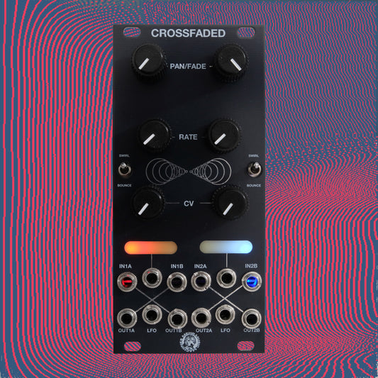 A black modular electronic control panel labeled CROSSFADED, with rotary knobs, toggle switches, and multiple audio jacks, centered against a pink and blue wavy patterned background.